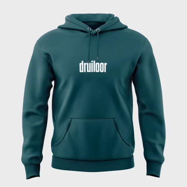 Donkergroene hoodie met opdruk 'druiloor' in witte tekst