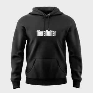 Zwarte hoodie met opdruk 'flierefluiter' in witte tekst