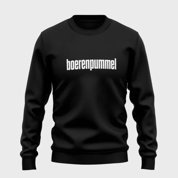 Zwarte sweater met opdruk 'boerenpummel' in witte tekst