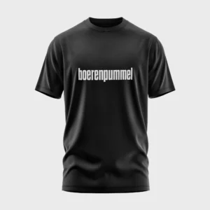Zwart t-shirt met opdruk 'boerenpummel' in witte tekst