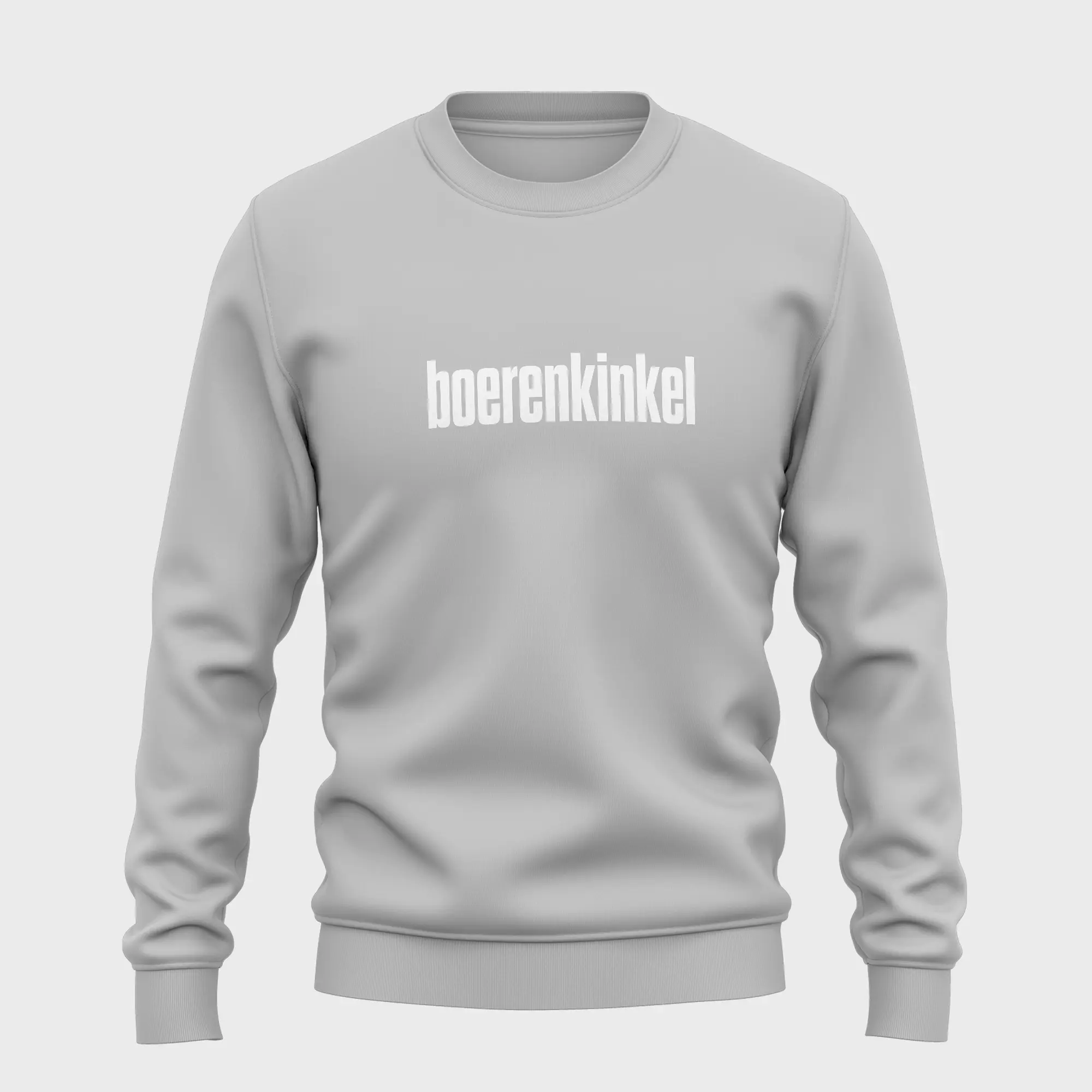 Grijze trui met opdruk 'boerenkinkel' in witte tekst