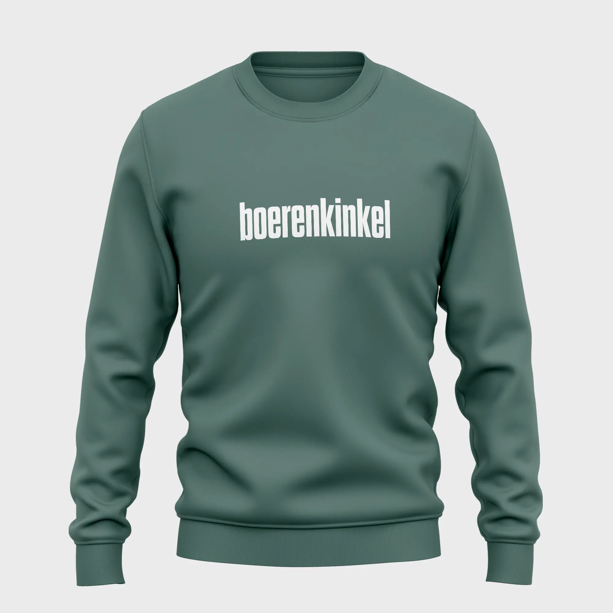 Groene trui met opdruk 'boerenkinkel' in witte tekst