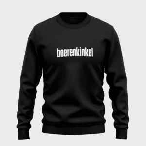 Zwarte trui met opdruk 'boerenkinkel' in witte tekst