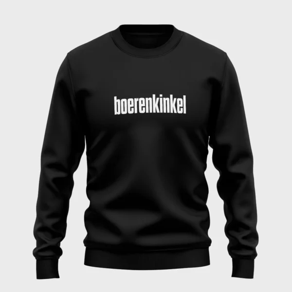 Zwarte trui met opdruk 'boerenkinkel' in witte tekst