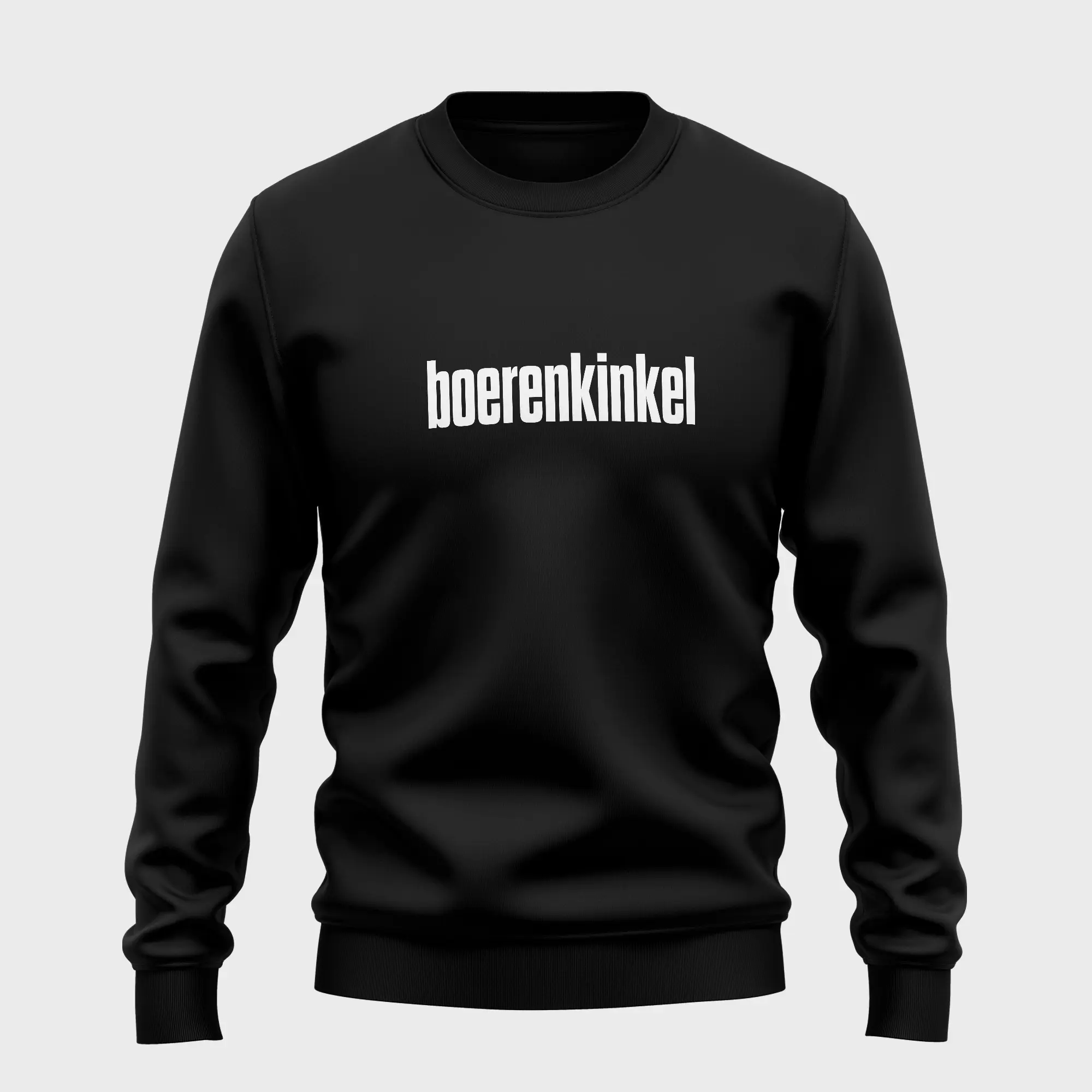 Zwarte trui met opdruk 'boerenkinkel' in witte tekst