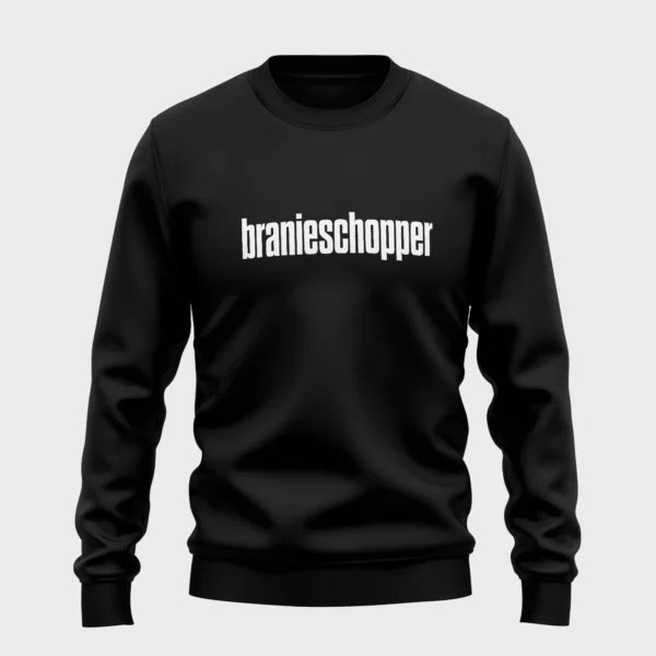Grappige zwarte sweater met opdruk 'branieschopper' in witte tekst