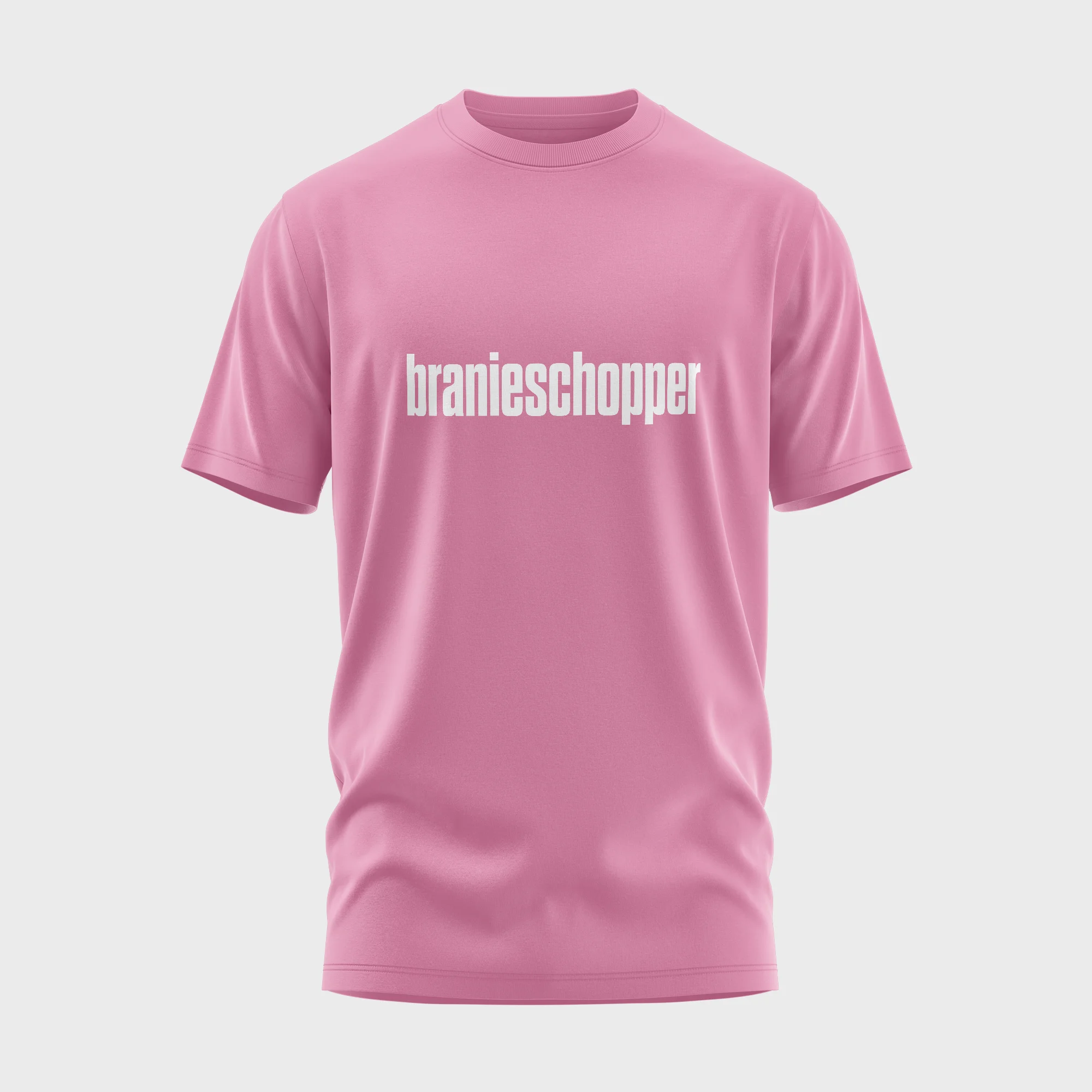 Grappig roze t-shirt met opdruk 'branieschopper' in witte tekst
