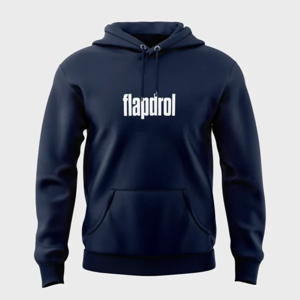 Blauwe hoodie met grappige opdruk 'flapdrol' in witte tekst