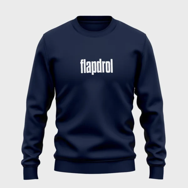 Blauwe trui met grappige opdruk 'flapdrol' in witte tekst