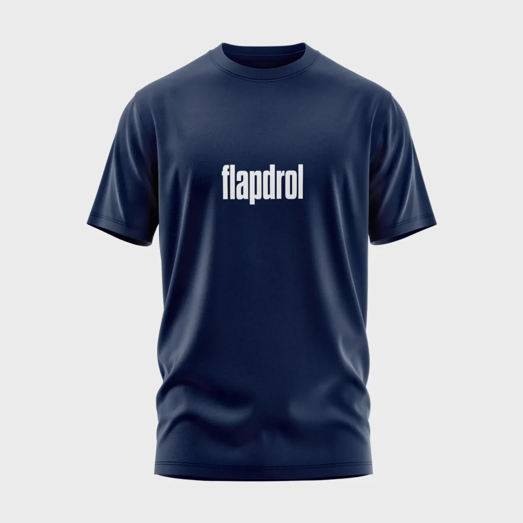 Blauw t-shirt met opdruk 'flapdrol' in witte tekst