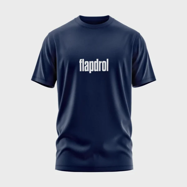 Blauw t-shirt met opdruk 'flapdrol' in witte tekst