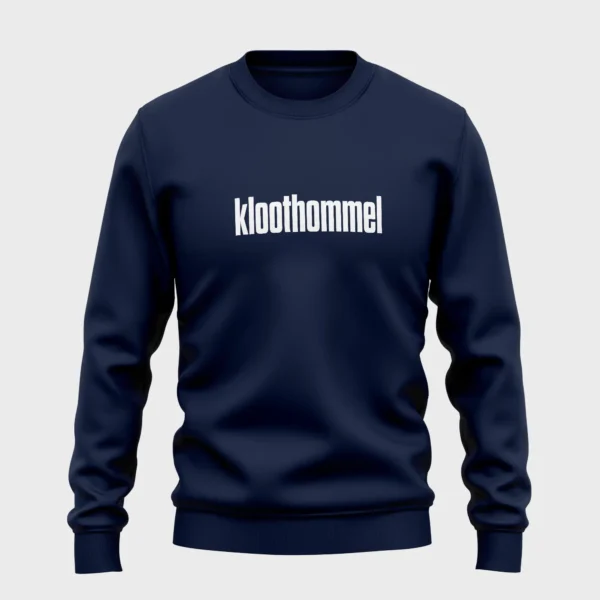 Blauwe trui met grappige opdruk 'flapdrol' in witte tekst