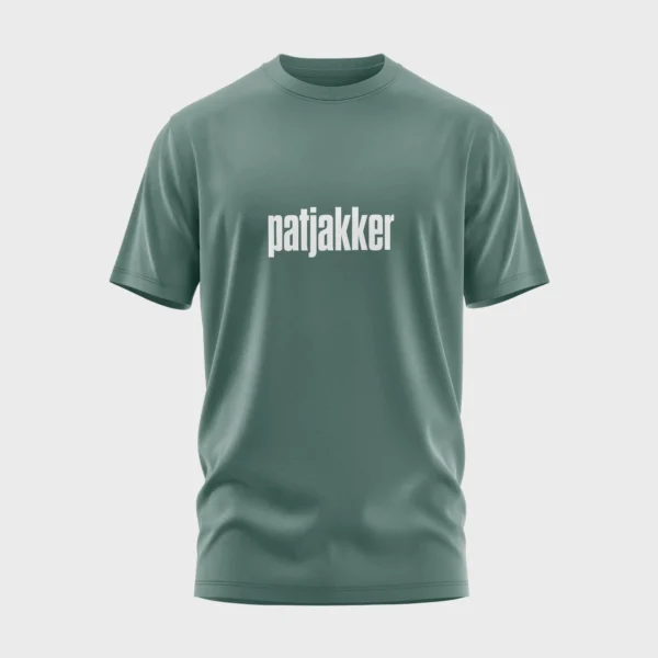 Groen t-shirt met grappige opdruk 'patjakker' in witte tekst