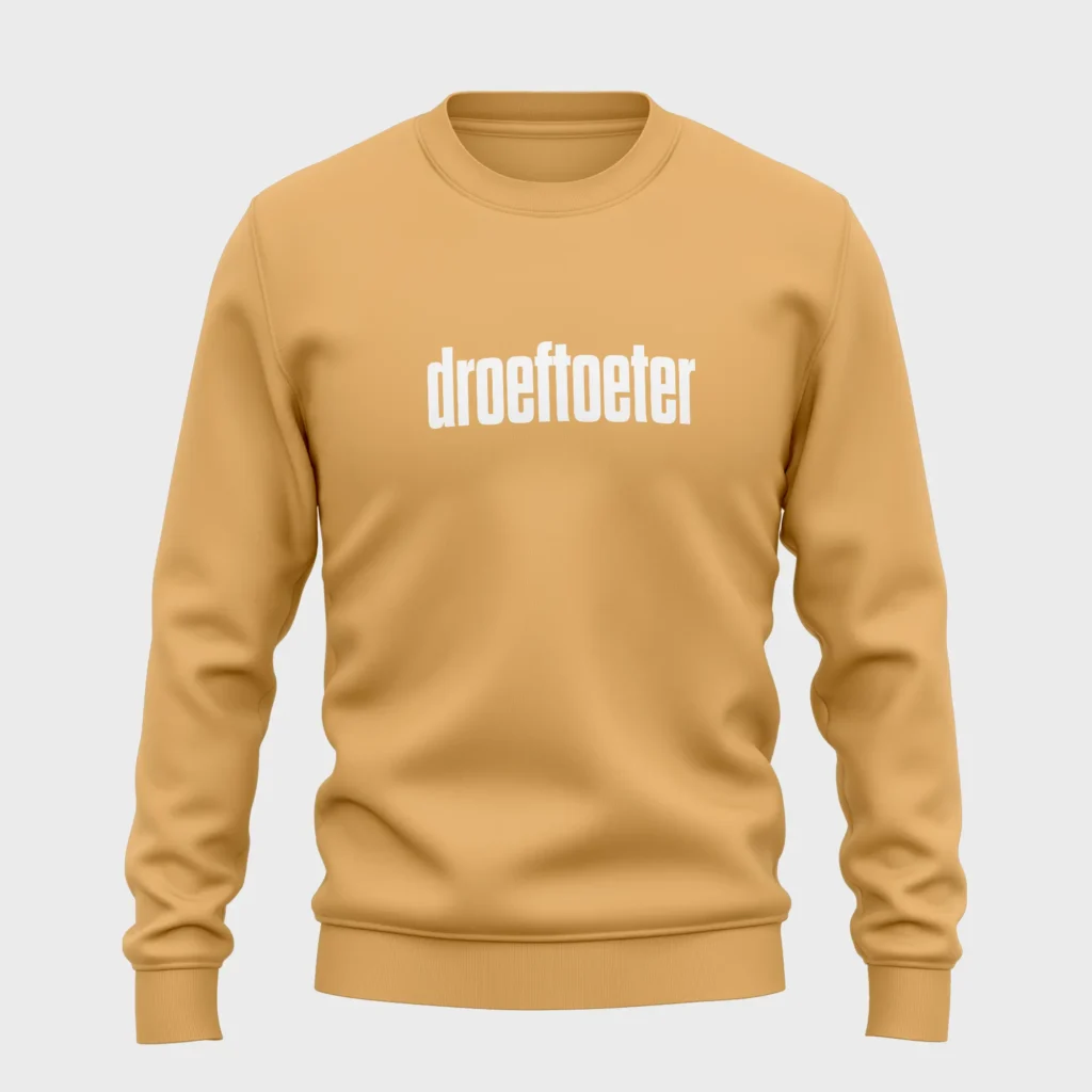Gele sweater met opdruk 'droeftoeter'