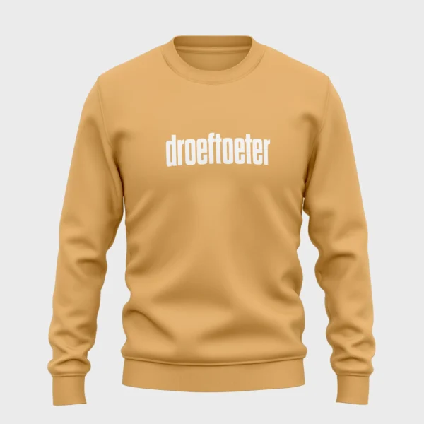 Gele sweater met opdruk 'droeftoeter'