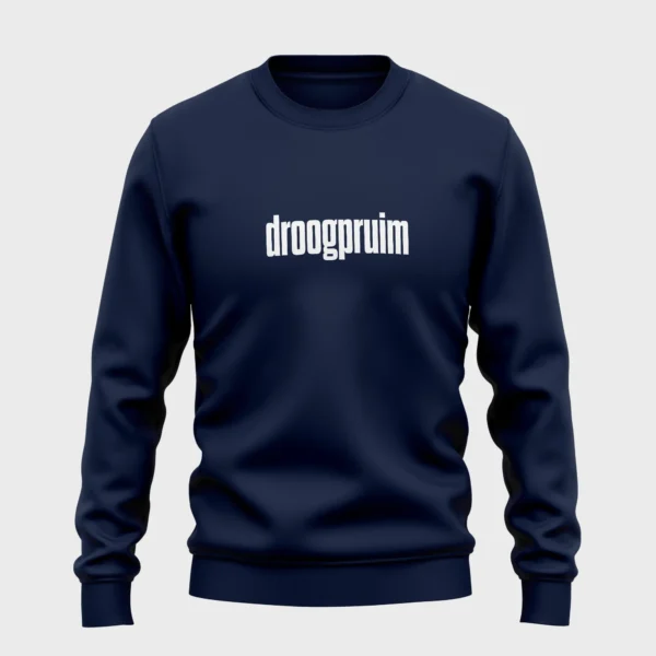 Blauwe sweater met opdruk 'droogpruim'