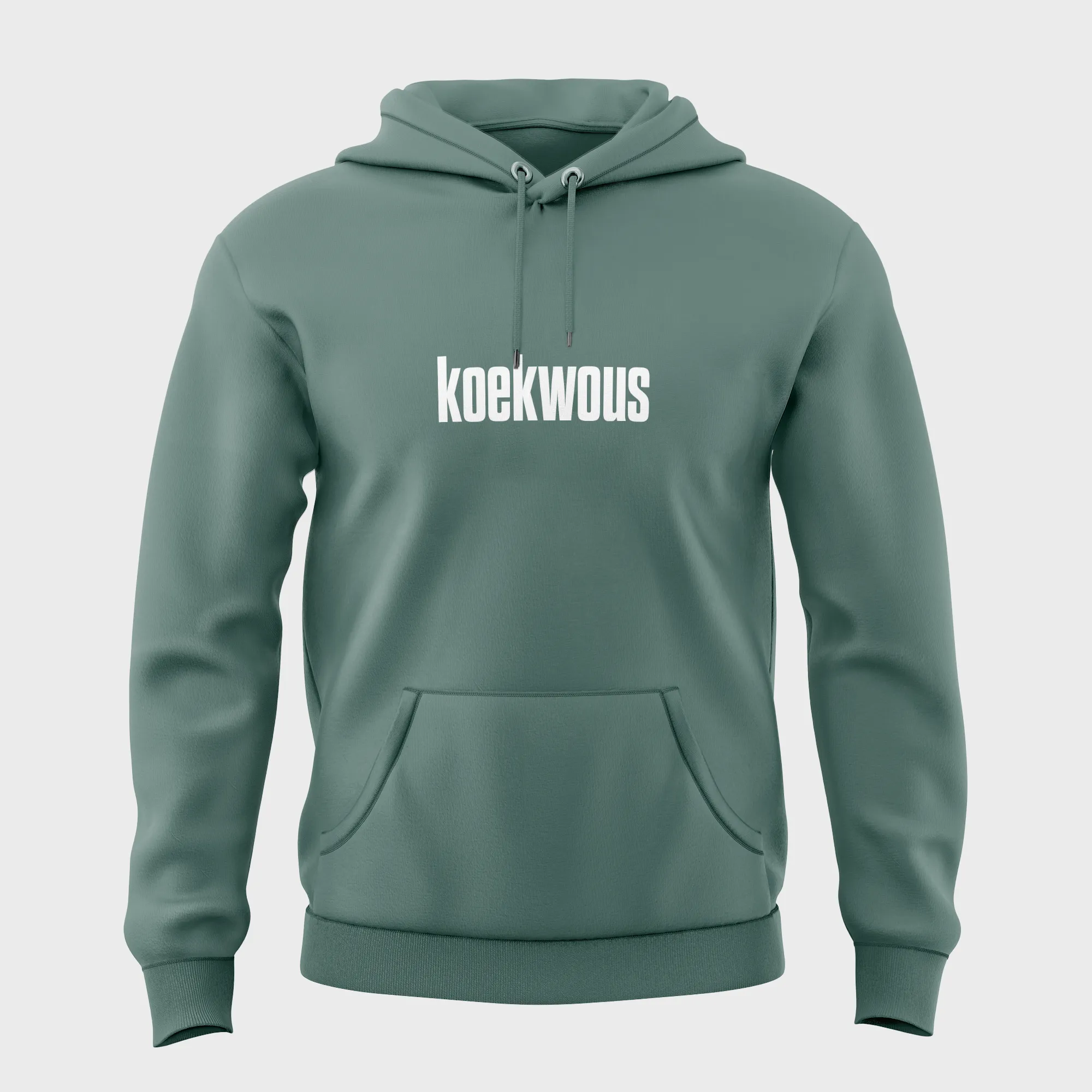 Groene hoodie met opdruk 'koekwous' in witte letters
