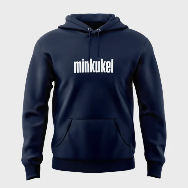 Blauwe hoodie met witte opdruk 'minkukel'