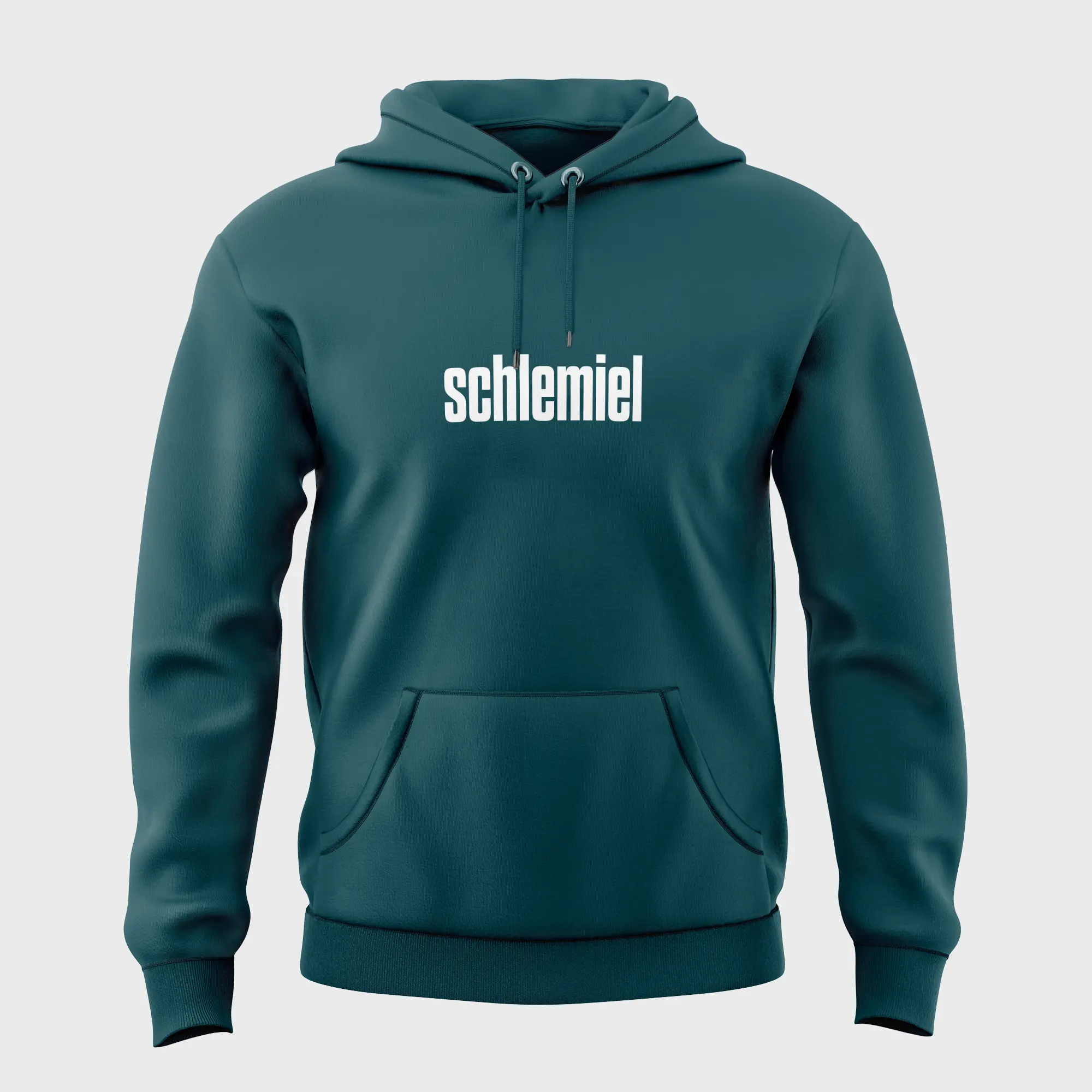 Groene hoodie met witte opdruk 'schlemiel'