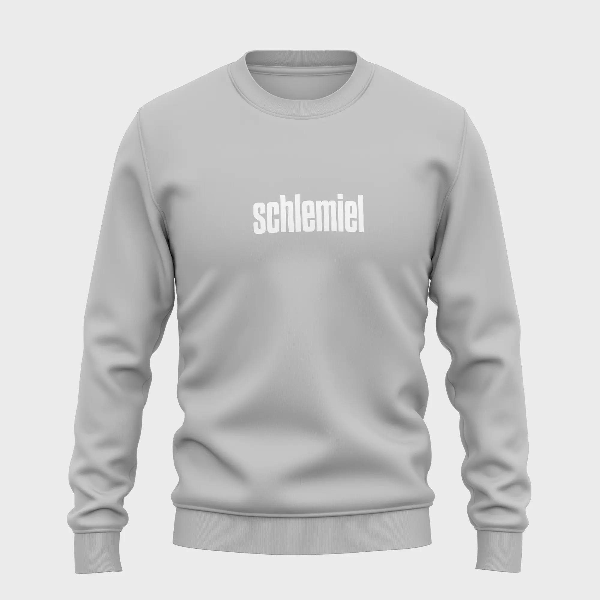 Grijze sweater met witte opdruk 'schlemiel'