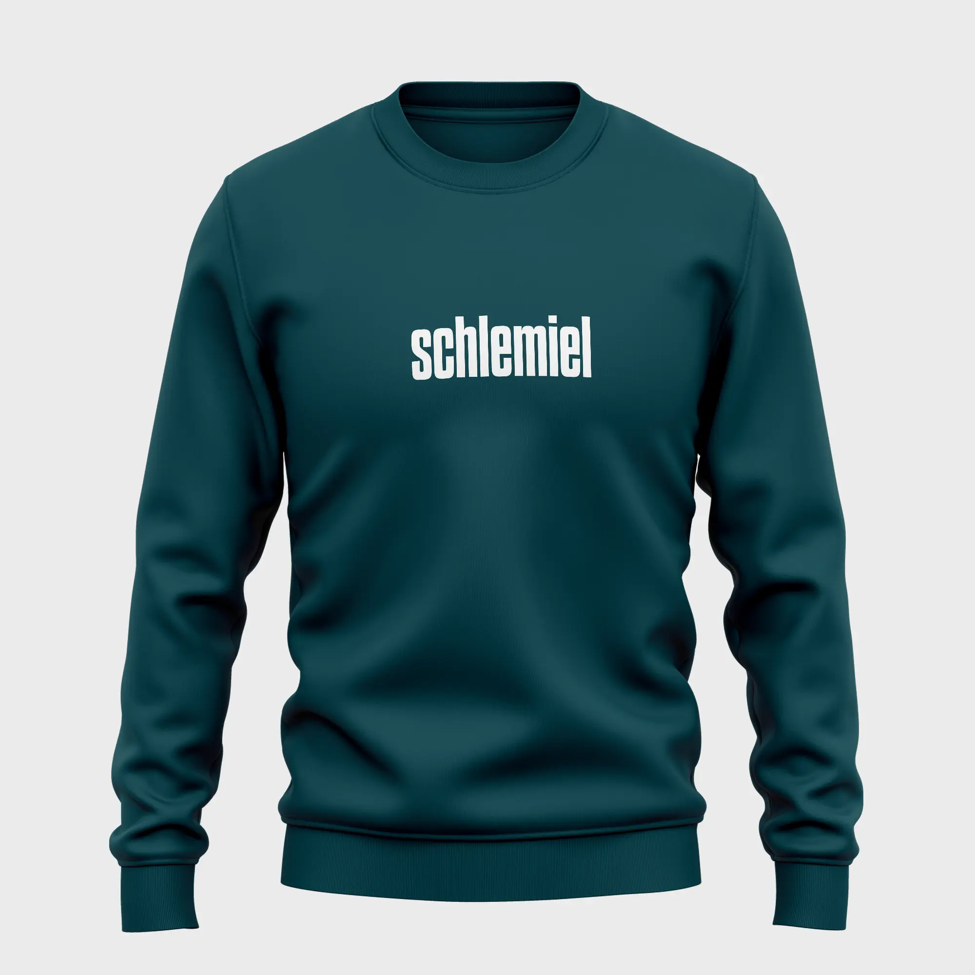 Groene sweater met witte opdruk 'schlemiel'